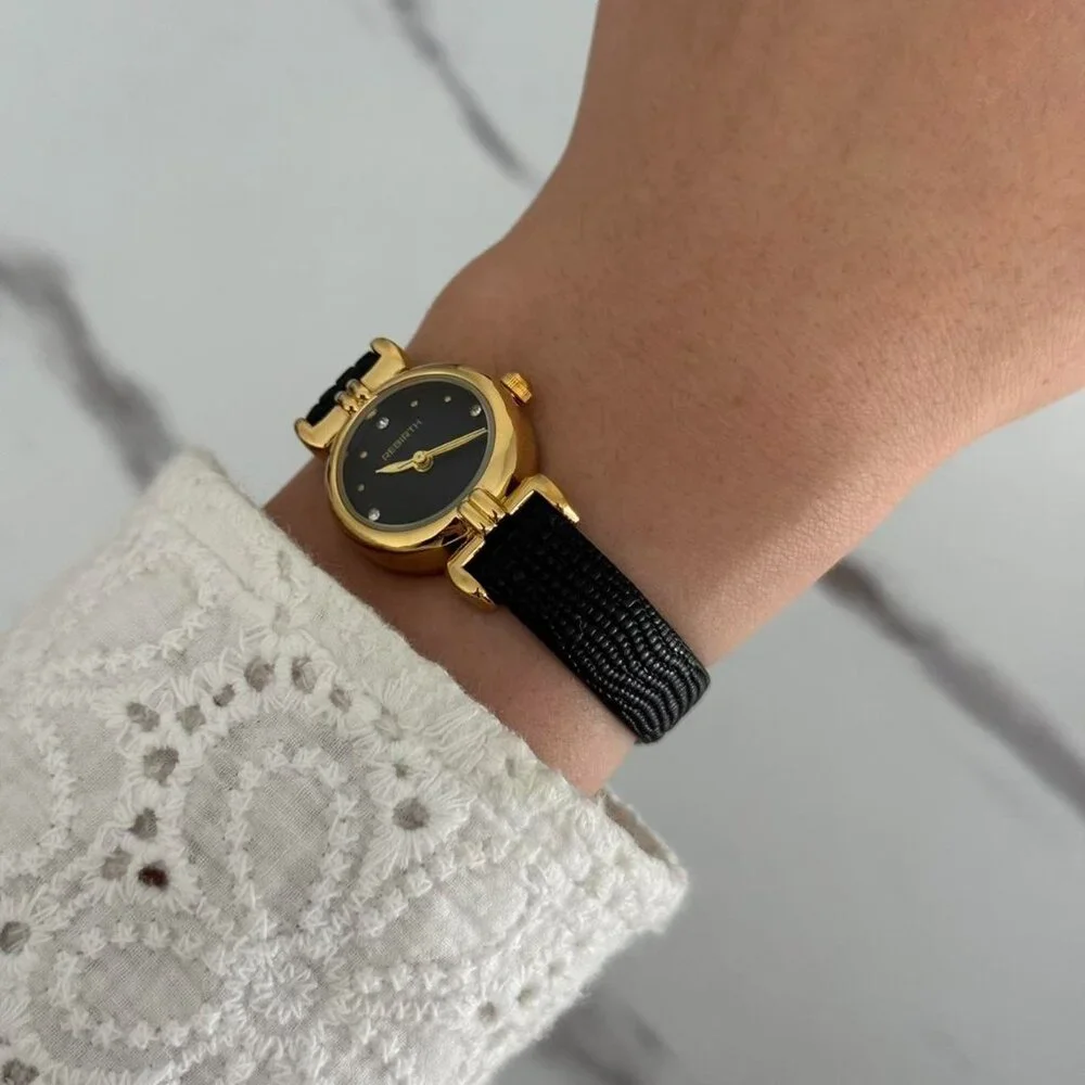 SKU:0130 vintage vibe retro gold black watch black leather strap + in a gift bag